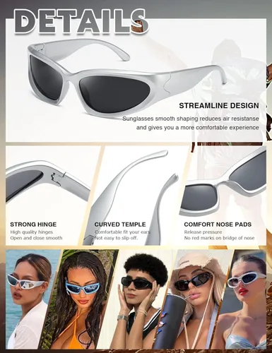 Vista 4 de MASDUN Gafas de sol polarizadas envolventes vintage de moda para hombres y mujeres, gafas de sol futuristas para deportes al aire libre UV400