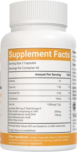 Vista 3 de Aceite de pescado omega-3 de 1560 mg, triple fuerza EPA y DHA, 120 cápsulas blandas, 60 porciones, sin gluten, sin OMG y apto para vegetarianos