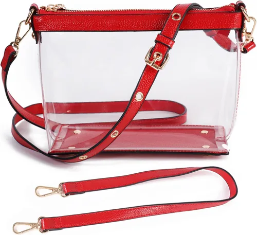 Vista 8 de Y&R Direct Bolsa cruzada 3 en 1 con cremallera transparente con ribete de cuero vegano para estadio, festival, concierto, regalos para el día