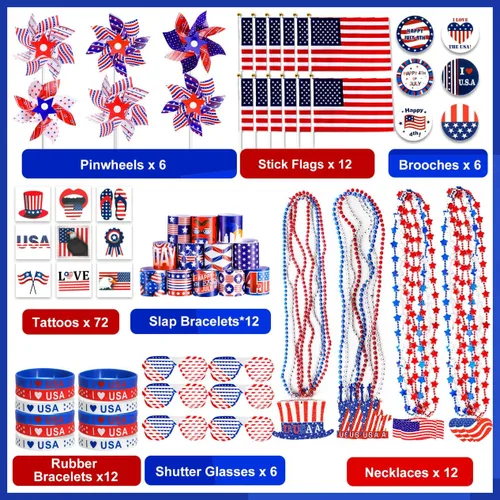 Vista 2 de MGparty Accesorios para el 4 de julio, 138 piezas de suministros patrióticos para fiestas, decoraciones del 4 de julio, celebraciones del Día