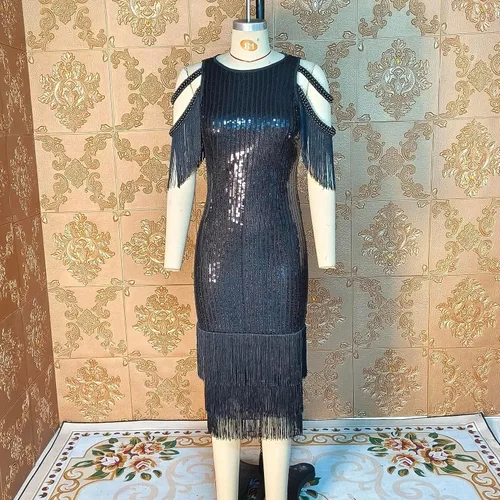 Vista 6 de Cololura Sexy elegante vestido midi bodycon con borlas de lentejuelas para mujer, vestido de noche para fiesta, vestido formal