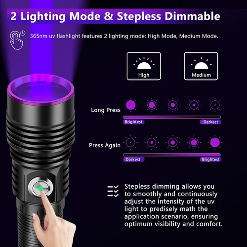 Vista 6 de Linterna UV de 365nm con lente de filtro Linternas recargables de luz negra