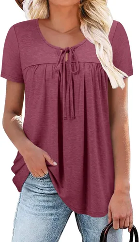 Vista 9 de BETTE BOUTIK Blusas de verano para mujer, plisadas, de manga corta, con cordón, cuello redondo, tallas S-3XL