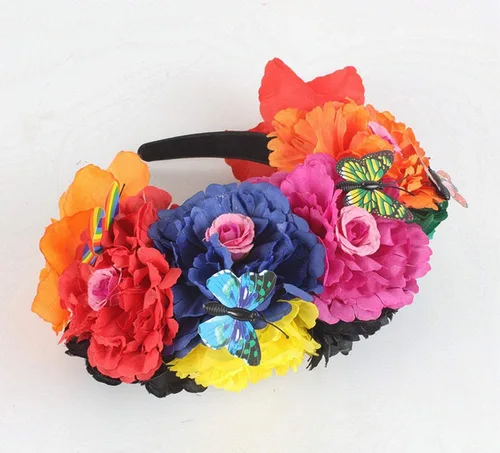 Vista 18 de DreamLily Frida Kahlo NC26 - Diadema con corona de rosas mexicanas para disfraz de fiesta de Halloween