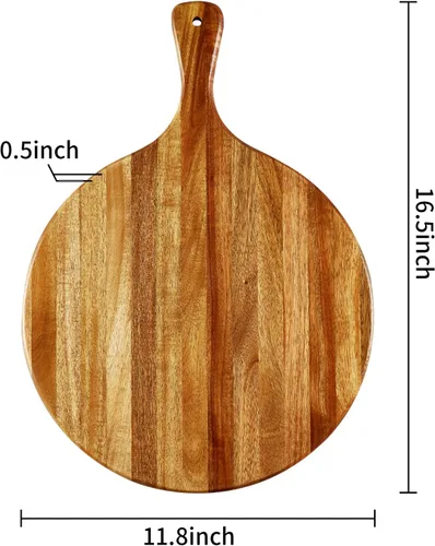 Vista 2 de Tabla de cortar redonda de madera de acacia con asa - Tabla de charcutería de madera, tabla de cortar y servir versátil para pizza, pan, queso