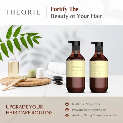 Vista 4 de Theorie Acondicionador brillante Monoi and Buriti - Hidrata y brilla - Adecuado para cabello grueso y seco - Protege el color y el cabello tratado