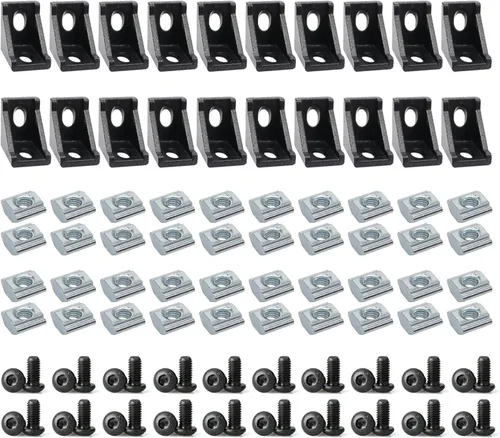 Vista 24 de 10 juegos de perfiles de extrusión de aluminio de la serie 2020, soportes en L de ángulo recto negro con tuercas y pernos de ranura en T M5