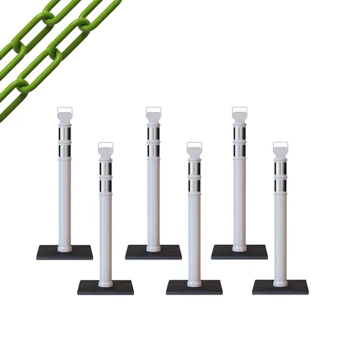 Vista 51 de CCW 6-Pack 45" Delineador Post Kit Kit de 3.0 in collares reflectantes, base de goma de 10 lb (6 postes blancos con cadena negra de 50 pies)