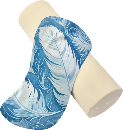 Vista 2 de Almohada de cuello azul de plumas blancas para dormir, almohada cervical de espuma viscoelástica para aliviar el dolor de cuello, almohadas redondas