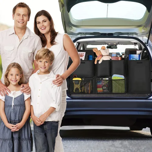 Vista 6 de BESULEN Organizador de maletero de automóvil, bolsa de carga colgante con bolsillos grandes, cremalleras de almacenamiento desmontable