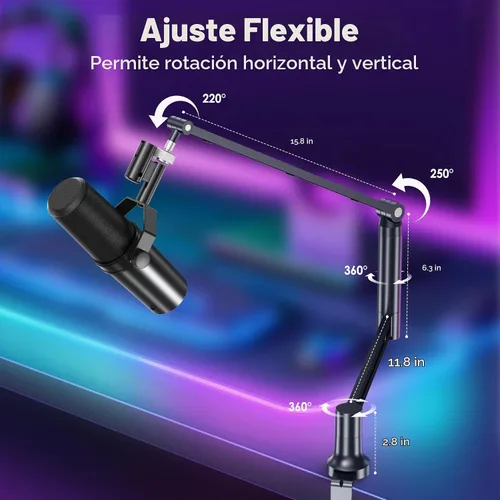 Vista 3 de CreaDream Brazo de brazo de micrófono, soporte de escritorio de bajo perfil con adaptador de tornillo, soporte para teléfono, columna de elevación