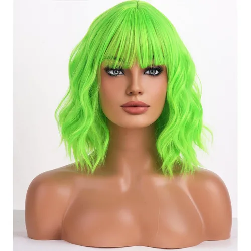 Vista 26 de BERON Pelucas cortas verdes para mujer, peluca rizada ondulada con flequillo para niñas, pelucas de cabello de color verde aguacate, peluca