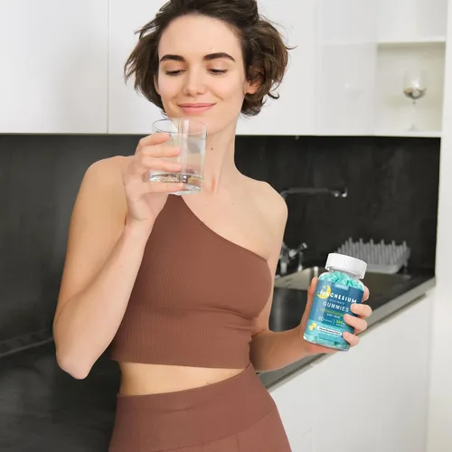 Vista 4 de Gomitas de glicinato de magnesio de 500 mg para dormir para hombres y mujeres, vitamina C, veganas que promueven la relajación muscular, magnesio