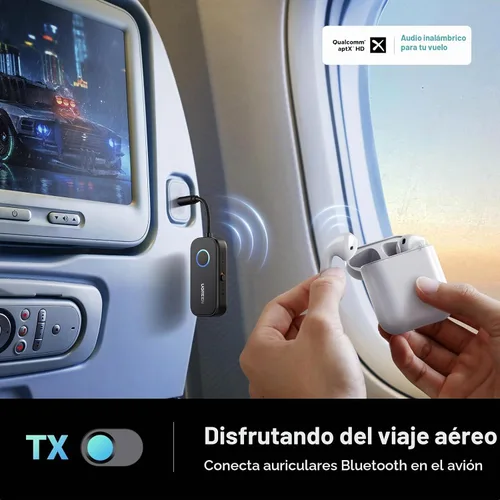 Vista 2 de UGREEN Transmisor Bluetooth 5.2 para Avión Adaptador para Airpods o Auriculares Parejas Duales, Transmisor/Receptor Inalámbrico Bluetooth de 3.5mm