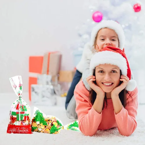 Vista 2 de LOKIPA 200 bolsas de celofán de Navidad, bolsas de regalo de celofán transparentes de Navidad, bolsas de dulces con lazos giratorios