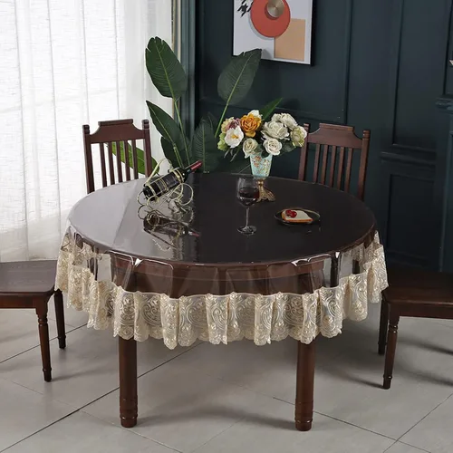 Vista 9 de Dimatic Mantel impermeable de plástico transparente, mantel redondo de vinilo PVC con encaje de macramé, a prueba de derrames de aceite, cubierta