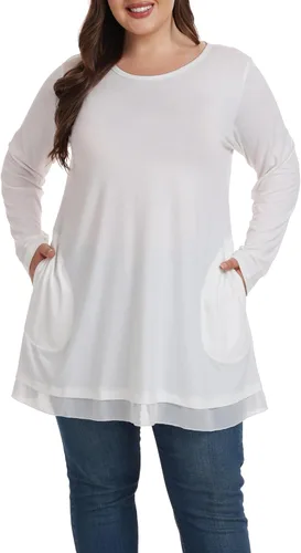 Vista 2 de Shiaili Camisetas tipo túnica de talla grande para mujer, camisas largas y fluidas para leggings (blanco, 3X)