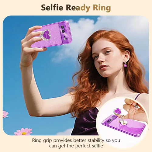 Vista 2 de Funda protectora transparente de 3 capas con anillo bonito soporte, para mujeres y niñas, para Pixel 6 2021 (lavanda)