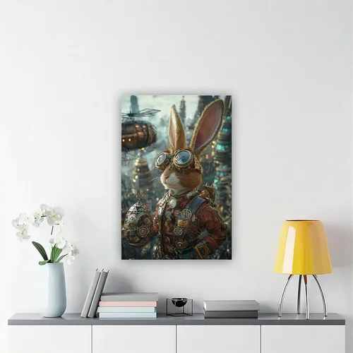 Vista 6 de Steampunk - Arte de pared de Pascua – Conejito futurista retro y huevo mecánico – Póster de fantasía industrial Steam City – Decoración única