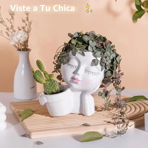 Vista 6 de vomiceak Macetas de Cara con Forma de Cabeza, Macetas para Plantas de Interior - Macetas Dobles Lindas para Flores y Suculentas con Agujeros