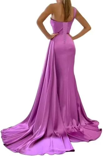 Vista 2 de XYAYE Vestidos de dama de honor de sirena de un hombro para mujer, vestidos de baile de graduación, vestidos largos formales de noche con cola XY030