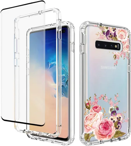 Vista 10 de Funda para Galaxy S10+ Plus, SM-G975U con protector de pantalla de vidrio templado, carcasa rígida de protección de diseño floral de cuerpo completo
