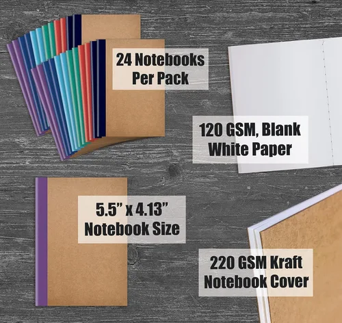 Vista 4 de Better Office Products 24 Pack Small Kraft Notebooks, 4.1 in x 5.5 in, 120gsm, 48 Heavyweight Unlined Blank White Pages, Assorted Vibrant