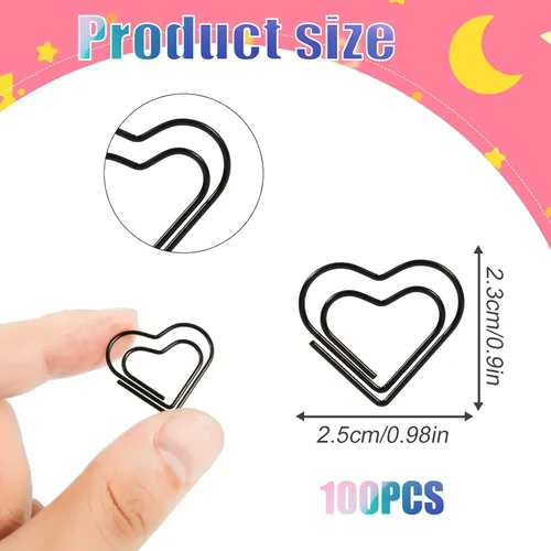 Vista 2 de 100 mini clips de papel, bonitos clips de papel de corazón, clips de papel de metal de acero inoxidable, pequeños marcadores para clasificar