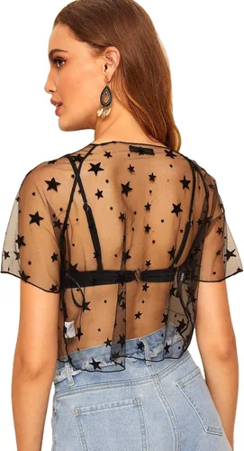 Vista 2 de Sweatyrocks - Blusa de manga corta de tela de malla transparente para mujer