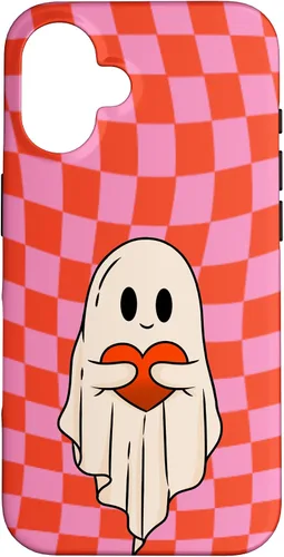 Vista 32 de Funda para iPhone 17 de San Valentín Retro Ghost Hugging Heart Checkerboard Rosa Rojo