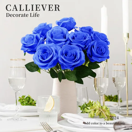 Vista 4 de 12 flores artificiales de rosas, ramo de flores artificiales de seda, rosas sintéticas con tallos, 19.7 in, rosas decorativas para bodas y Azul