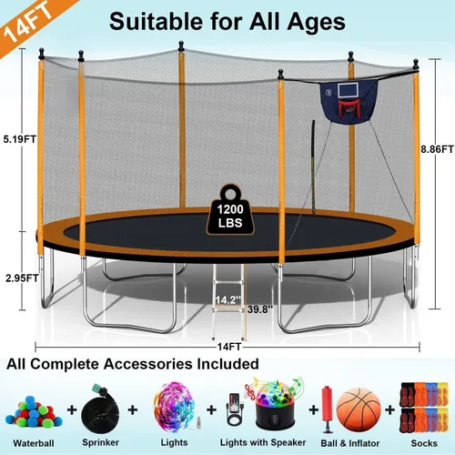 Vista 8 de 1500 libras 10 12 14 15 16 pies para adultos y niños con rociador, luces, aro de baloncesto, bolas de agua, 16 calcetines, trampolín recreativo