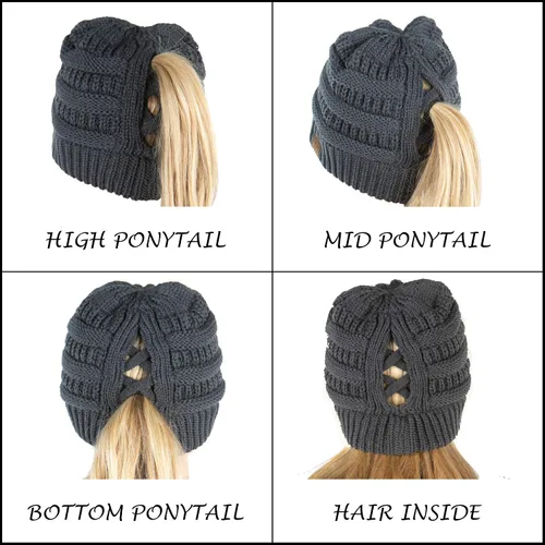 Vista 5 de Funky Junque - Gorro tejido para mujer tipo beanie con diseño cruzado en la parte posterior para poder usarlo con coleta o moño