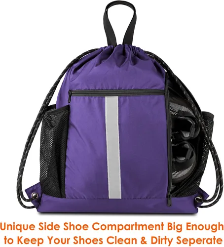 Vista 2 de Mochila con cordón BeeGreen, estilo deportivo, bolsa de gimnasio para mujeres y hombres, tamaño grande con dos bolsillos con cremallera y bolsillos