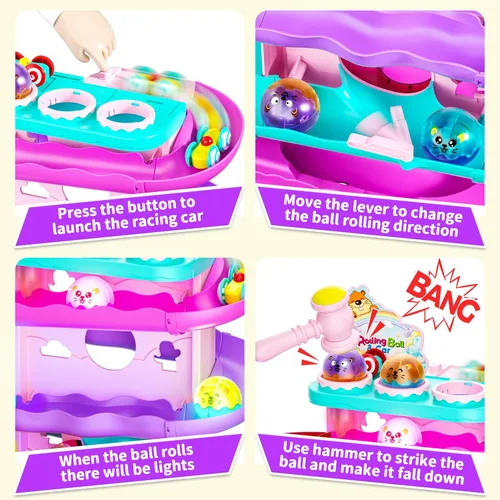 Vista 3 de Funwee Pista de bola rodante y coche de carreras de 2 en 1 para niños pequeños, pista de carreras con luz martillo y bola de caída, juego