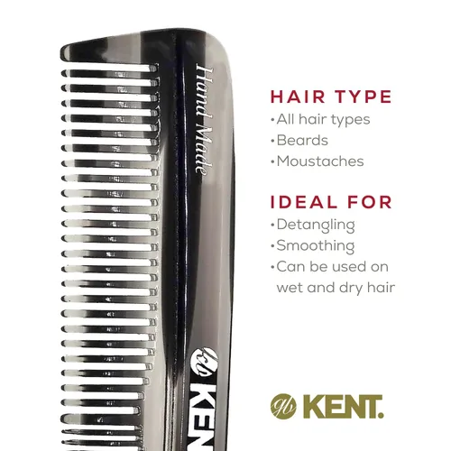 Vista 6 de Kent R7T - Peine de pelo de dientes finos y dientes anchos de grafito negro, peine de bolsillo hecho a mano para hombres, el mejor peine para barba