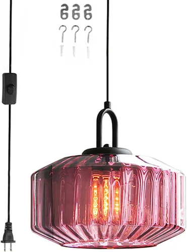 Vista 10 de Lámpara colgante enchufable de cristal azul, lámpara colgante dorada de altura ajustable con interruptor de encendido/apagado de cable de 14.7 pies