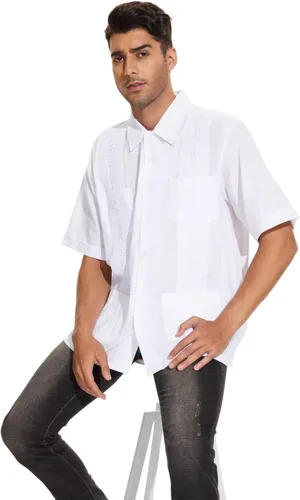 Vista 3 de MAXJON Camisas de Guayabera para hombre camisas cubanas de manga corta