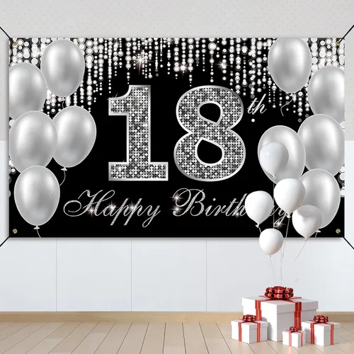 Vista 5 de Cartel de fondo de 18 cumpleaños, decoraciones de feliz cumpleaños 18 para niños y niñas, negro y plateado para fiesta de cumpleaños de 18 años