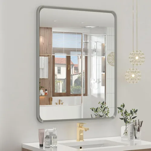 Vista 12 de OKPAL - Espejo de tocador de baño de 20x24 pulgadas con marco de metal cepillado en bronce, espejo de baño con marco de metal cepillado en bronce