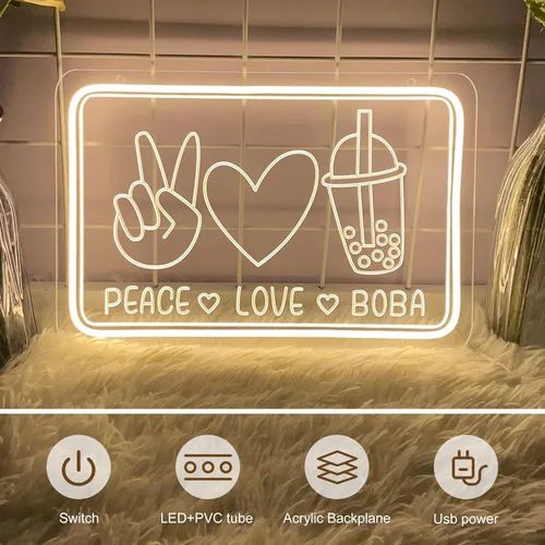 Vista 4 de Letreros de neón de Boba Peace&Love & Boba Regulables de luz de neón con burbujas para té, leche, té, bar, ventanas, decoración de pared