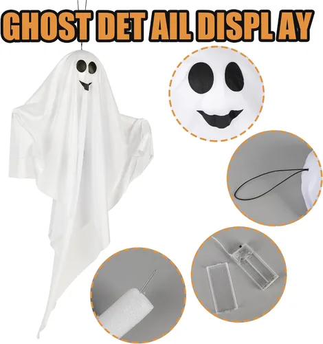 Vista 2 de Paquete de 4 fantasmas colgantes de Halloween con luces LED, decoraciones de fantasmas iluminados de 27.5 pulgadas para interiores y exteriores