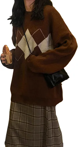 Vista 4 de Suéter de punto de Argyle para mujer, estilo dulce y preparado, para otoño e invierno, chaleco Y2K Top E-Girl Vintage Suéter