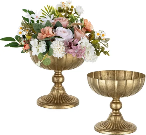 Vista 12 de NUPTIO Jarrones Dorados Desgastados para Centros de Mesa: Jarrones de Compota de Latón Rústicos para Flores - Decoración de Cuenco con Pedestal