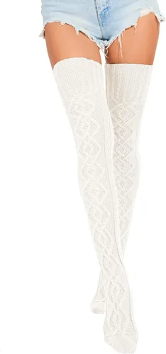 Vista 5 de HYTENSUN Calcetines altos de punto para mujer, calcetines altos gruesos por encima de la rodilla, calcetines de tubo de ganchillo, calentadores