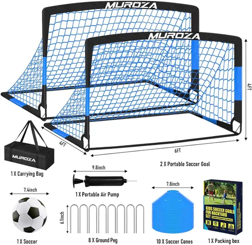 Vista 2 de Portería de fútbol, juego de porterías de fútbol para niños para patio trasero, paquete de 2 redes de fútbol portátiles desplegables con pelota