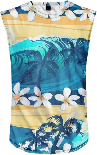 Vista 3 de Camiseta sin mangas con estampado floral para hombre, casual, deportiva, para gimnasio, hawaiana, playa, vacaciones