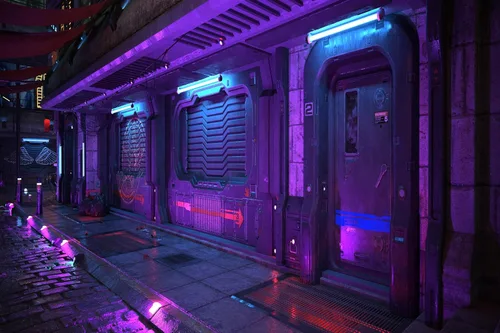 Vista 5 de Telón de fondo de ciudad Cyberpunk de 5 x 3 pies, estilo futurista, estilo grunge, urbano, neón, puerta de calle, paisaje urbano, fondo