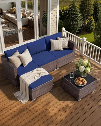 Vista 10 de Skyfish Juego de muebles de patio, reposabrazos anchos, sofá modular de mimbre para todo tipo de clima, 5 piezas para exteriores con diván, juego