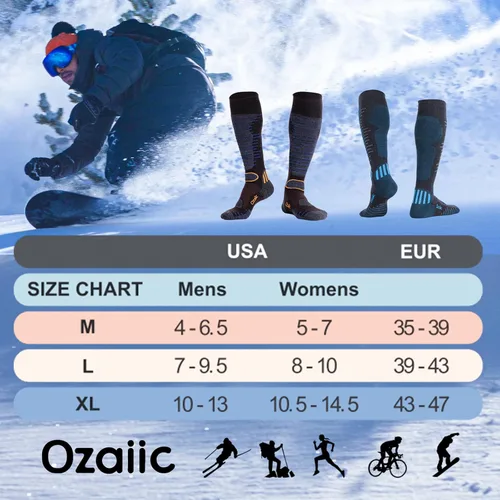 Vista 2 de Calcetines de esquí de lana merino para hombre y mujer, 2 pares para esquí, snowboard, térmicos hasta la rodilla, calcetines de rendimiento